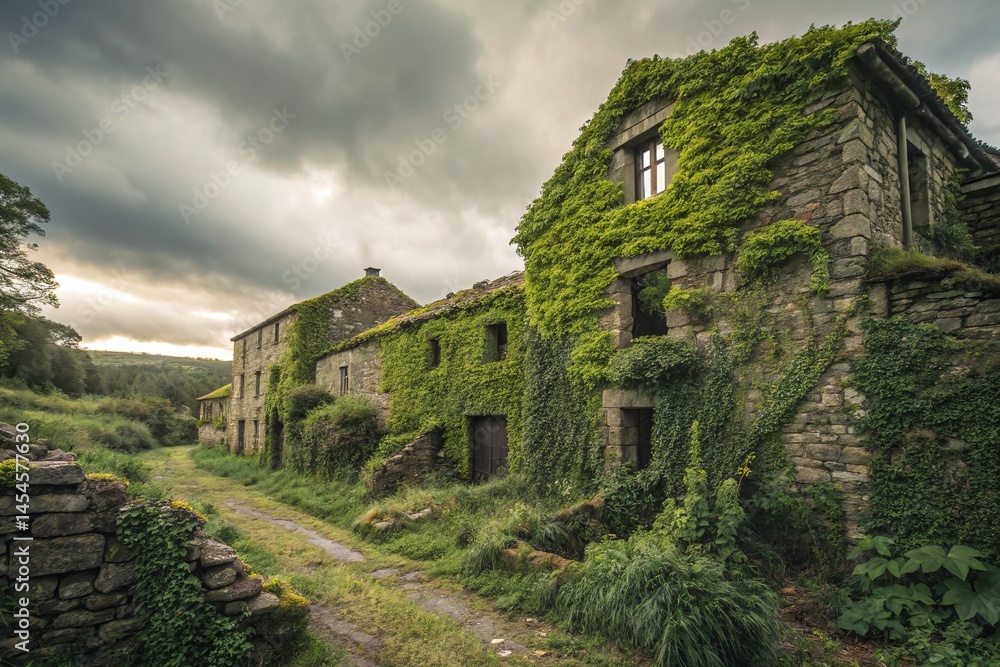 Abandoned Stone Houses Covered in Green Ivy on Overgrown Path Under Dramatic Cloudy Sky Abandoned Stone Houses Covered in Green Ivy on Overgrown Path Under Dramatic Cloudy Sky