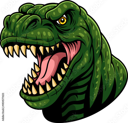 Angry T-Rex Dinosaur Head Mascot with Sharp Teeth and Roaring Mouth