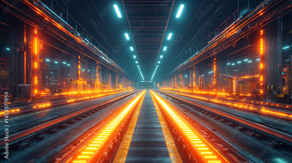Futuristic industrial corridor with glowing orange and cyan lights, long perspective. Futuristic industrial corridor with glowing orange and cyan lights, long perspective.