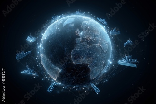 Global Naval Power: A stunning digital depiction of the world encircled by warships, suggesting global maritime dominance and interconnectedness.