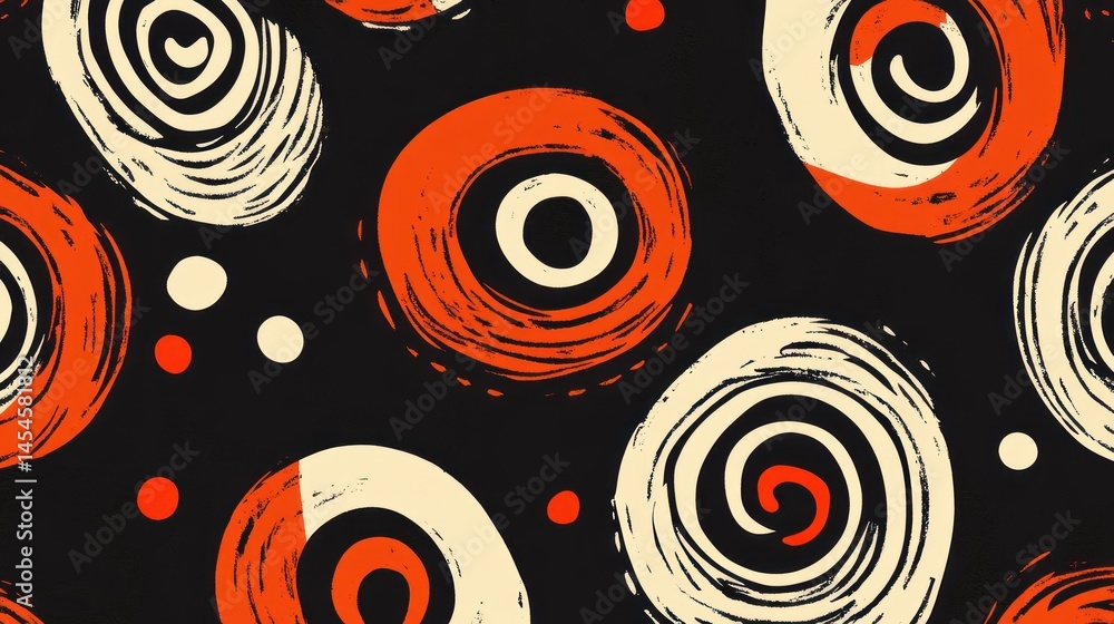 Fototapeta premium Abstract seamless pattern with orange and beige spirals and dots on black background.