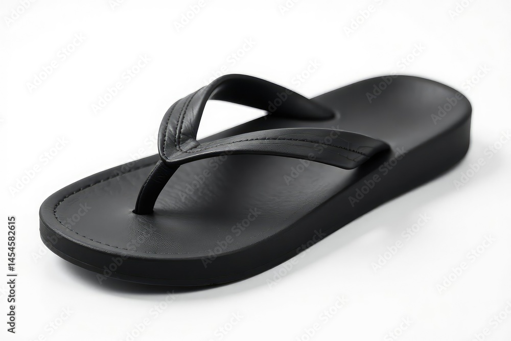Single black flip-flop on white background, studio shot, simple, product photography Single black flip-flop on white background, studio shot, simple, product photography