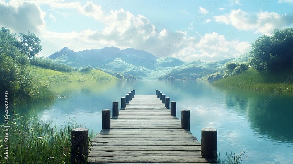 Obraz premium Serene wooden dock leading to a tranquil mountain lake.