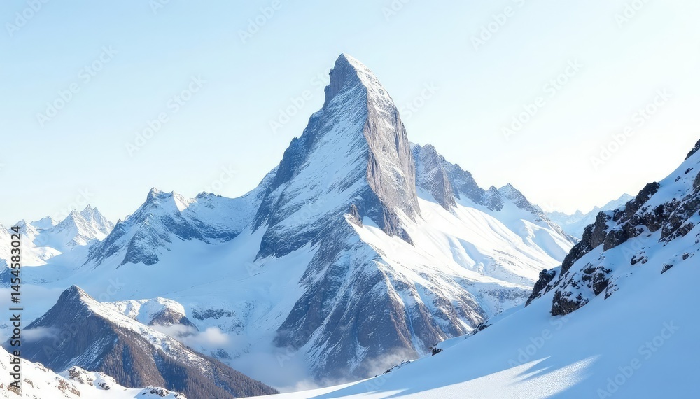 Obraz premium Snow-covered mountain peak against a clear white sky, sky, nature, scenic