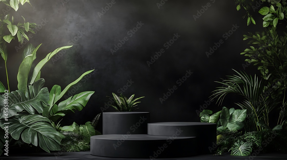 Dark Tropical Paradise: Black Cylindrical Display with Lush Greenery Dark Tropical Paradise: Black Cylindrical Display with Lush Greenery