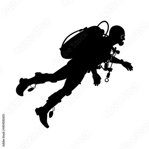 A scuba diver exploring of black silhouette