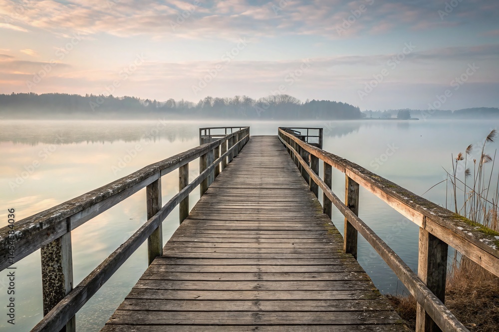 Serene Wooden Dock Extending into Misty Lake Landscape at Dawn Serene Wooden Dock Extending into Misty Lake Landscape at Dawn