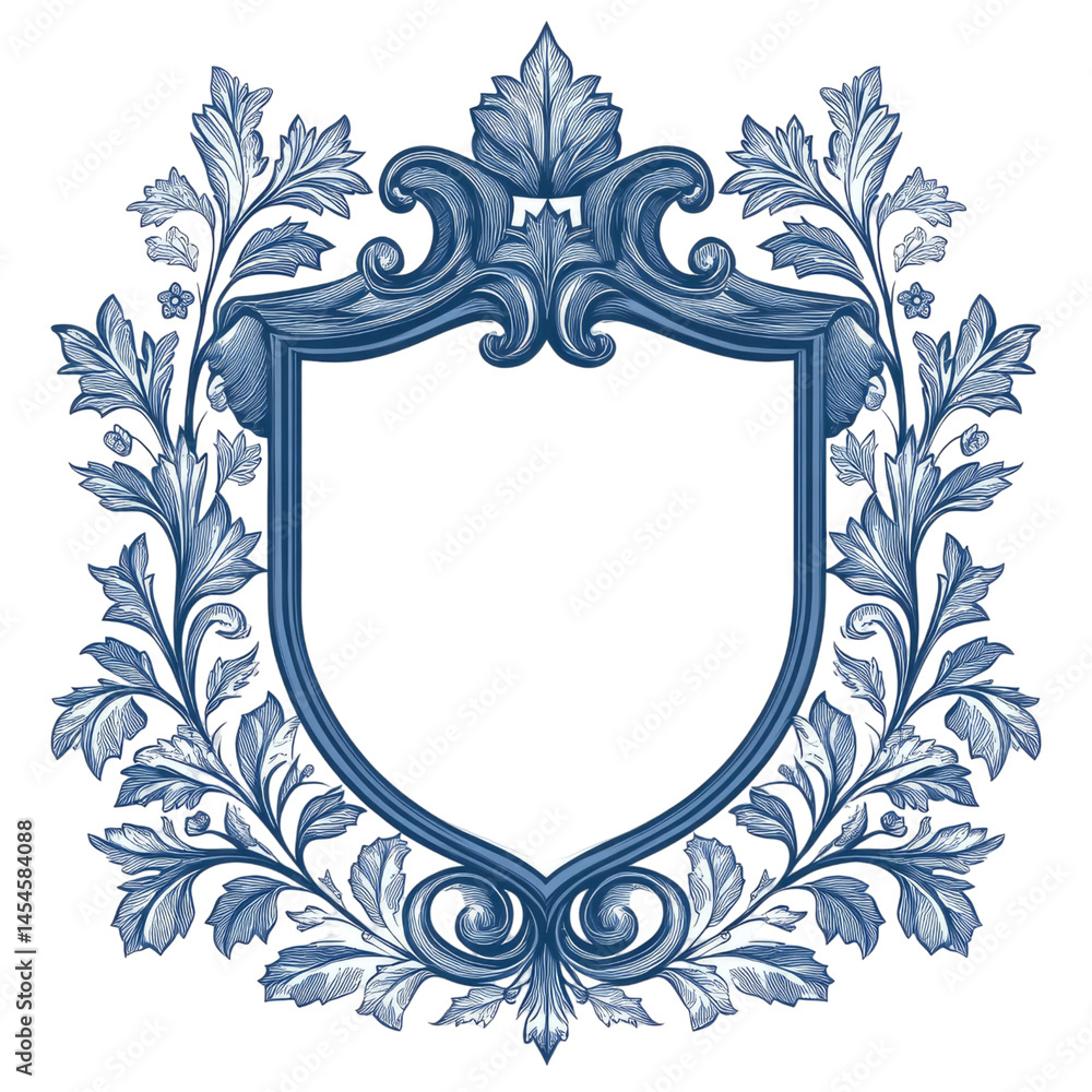 custom made wallpaper toronto digitalElegant ornate emblem with floral elements and transparent background. Features a central shield shape, framed by detailed leaf arrangements in blue and white.