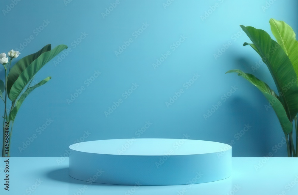 Minimalist blue background with round platform and green plants Minimalist blue background with round platform and green plants