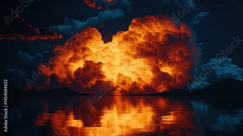 Majestic eruption of an orange cloud reflecting in the calm water at twilight over a serene landscape