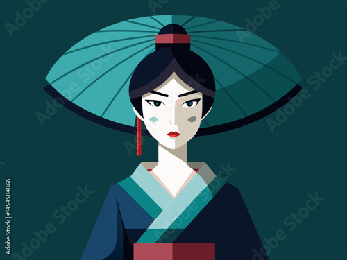 Elegant Geisha in Traditional Kimono and Parasol Illustration