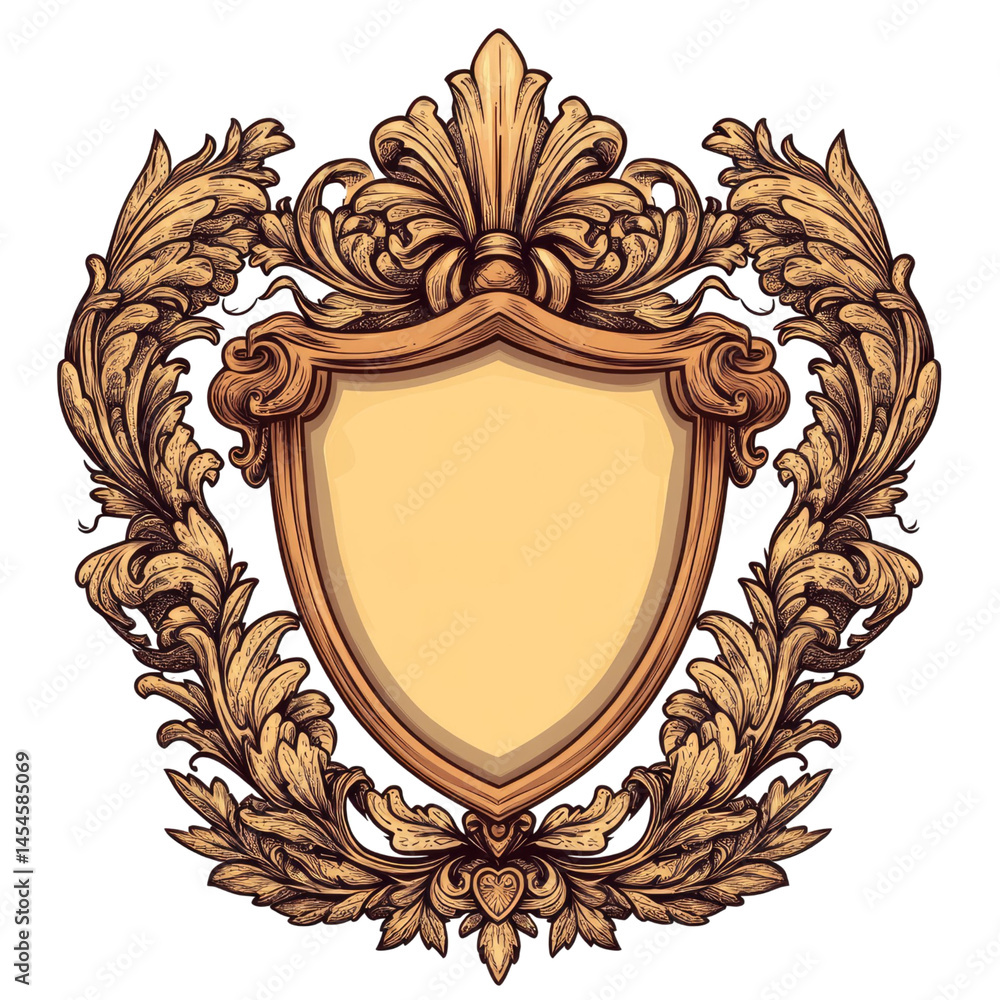 custom made wallpaper toronto digitalOrnate golden emblem with a central shield surrounded by detailed floral and foliate elements isolated on transparent background. Intricate vector design with vintage aesthetic.