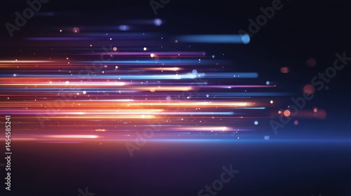 Dynamic streaks of colorful light trails move horizontally across a dark background, creating a sense of speed and futuristic motion.