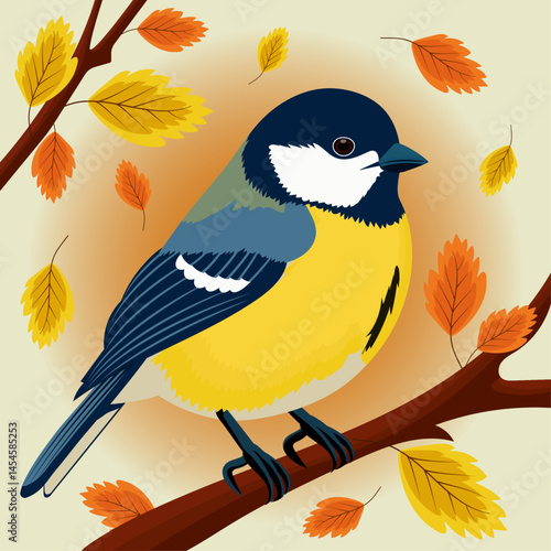 Blue tit sitting on a branch with yellow and orange autumn leaves on a beige background. Vector illustration. Autumn square background. Bright banner for advertising and sale. Stylized bird. 