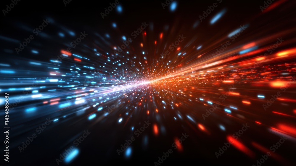 Fototapeta premium Abstract digital burst of blue and orange light streaks radiating from a central point, creating a sense of speed and energy.