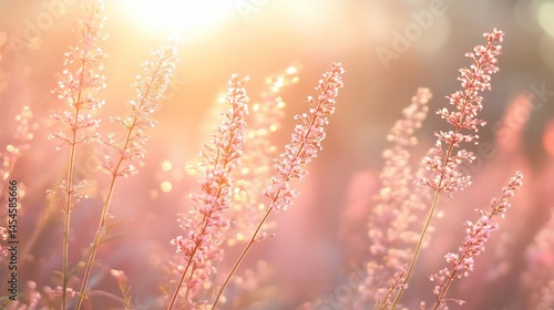Delicate pink meadow flowers glistening under warm sunlight's gentle rays