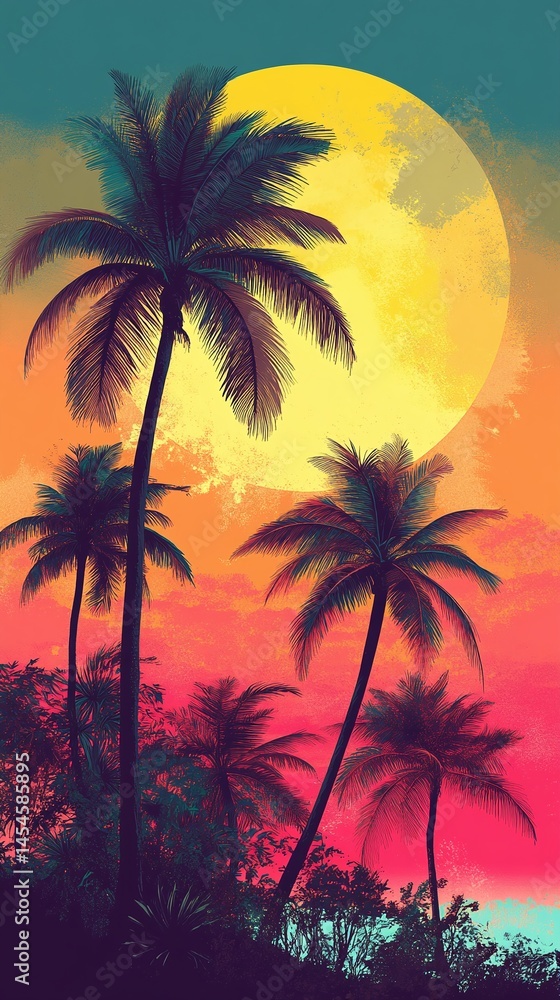 Obraz premium Tropical Sunset with Palm Trees Against Vibrant Colorful Sky and Full Moon