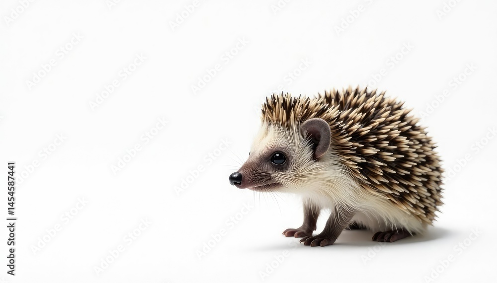 Obraz premium A lone hedgehog against a stark white backdrop, showcasing intricate details, wildlife, mammal, hedgehog