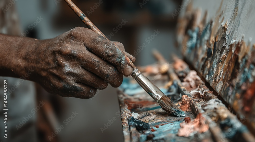 Obraz premium Artist's hand mixing paint with brush on palette