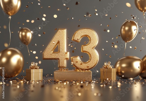 Sparkling Gold 43 Celebration with Balloons and Confetti Decorations