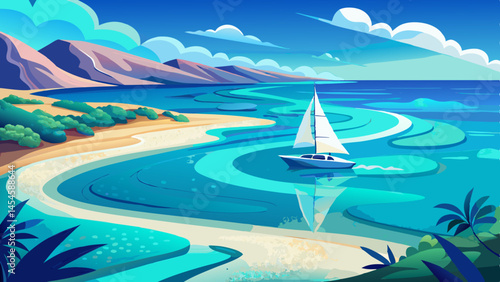 Beneath the glowing sun, the lagoon shimmers in shades of aquamarine and sapphire.
Gentle waves trace lazy paths to the beach, leaving frothy footprints on soft sand.
The horizon stretches endlessly, 