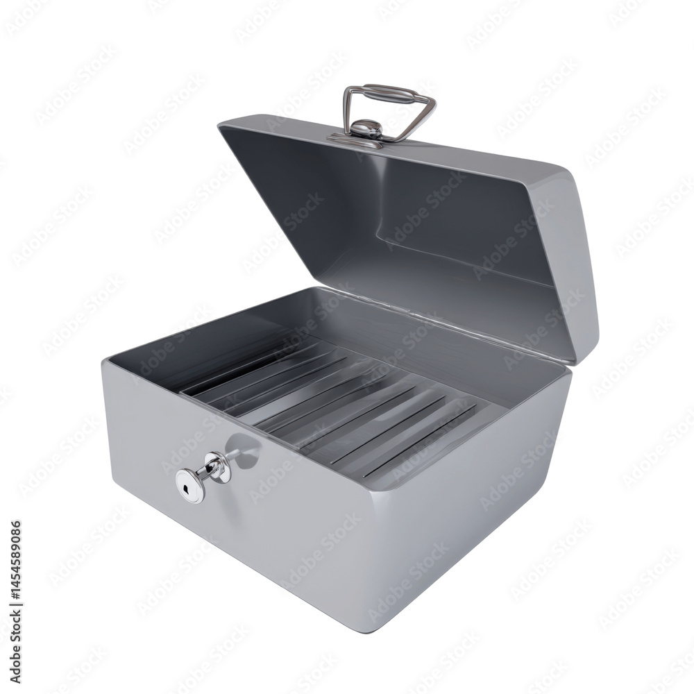 Open Grey Metal Cash Box with Keyhole Open Grey Metal Cash Box with Keyhole