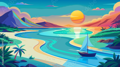 Beneath the glowing sun, the lagoon shimmers in shades of aquamarine and sapphire.
Gentle waves trace lazy paths to the beach, leaving frothy footprints on soft sand.
The horizon stretches endlessly, 