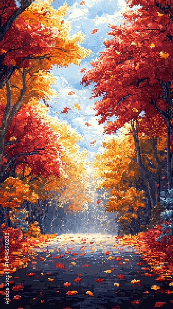 Vibrant Autumn Landscape with Colorful Leaves and Sunlit Pathway in Pixel Art Style Vibrant Autumn Landscape with Colorful Leaves and Sunlit Pathway in Pixel Art Style