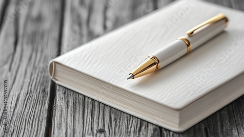 Elegant White and Gold Pen Resting on a Matching Notebook on Wood Surface