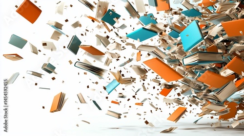 Floating books with various covers, pages spread in dynamic white space