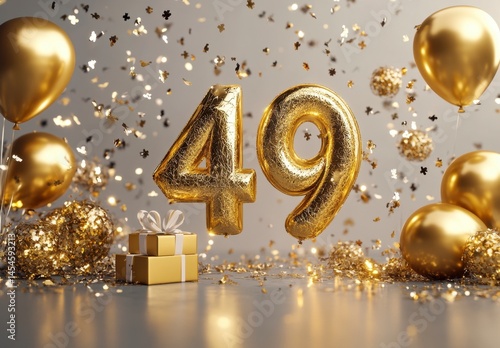 Golden 49th Birthday Celebration with Balloons and Glitter Confetti