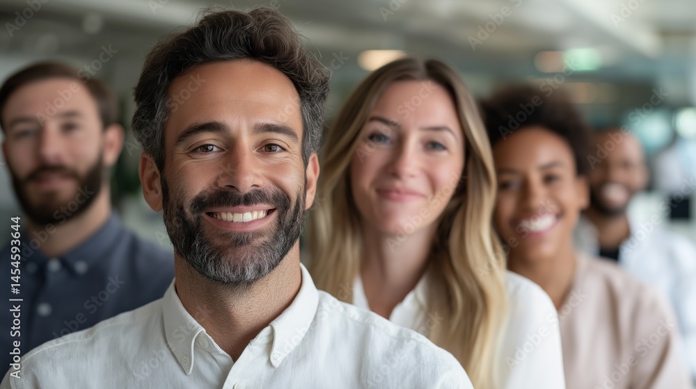 A diverse group of employees smiles while standing together in a bright, open office space. Their camaraderie reflects a positive workplace culture and teamwork A diverse group of employees smiles while standing together in a bright, open office space. Their camaraderie reflects a positive workplace culture and teamwork