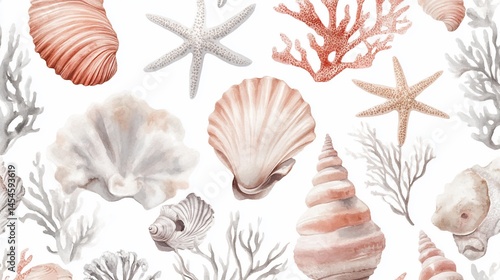 Elegant watercolor seashell pattern on a white background for summer theme
