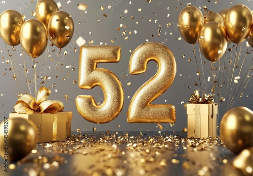 Golden Celebration with Balloons and Sparkling Number Fifty-Two