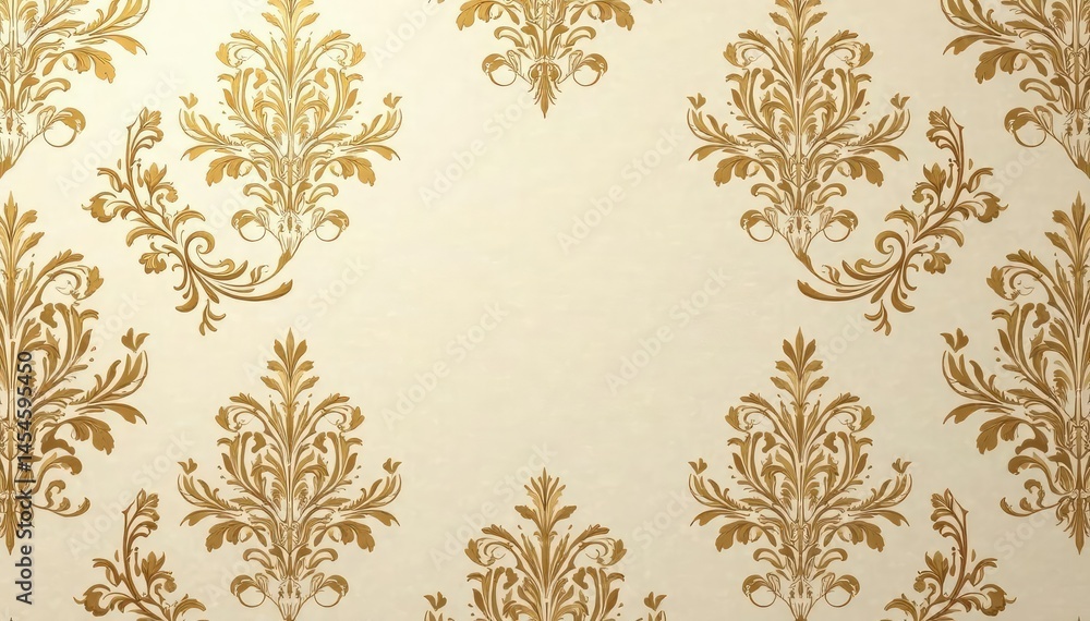 Intricate floral damask wallpaper design in muted golds and creams , leaf, wallpaper Intricate floral damask wallpaper design in muted golds and creams , leaf, wallpaper
