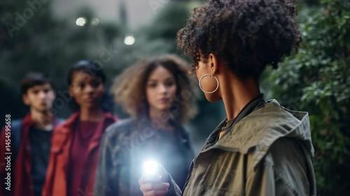 Group of young adults on a night hike outdoors with a woman leading the way shining a flashlight in the woods, friendship adventure