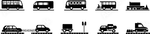 Black and White Icons Representing Various Modes of Transportation and Travel-Related Elements
