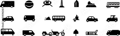 Black and White Icons Representing Various Modes of Transportation and Travel-Related Elements
