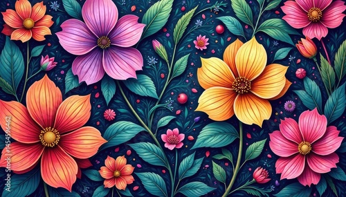 Intricate line art blooming flowers, endless design, fabric, black and white, wallpaper