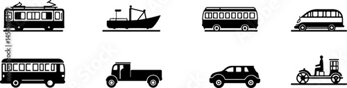 Black and White Icons Representing Various Modes of Transportation and Travel-Related Elements
