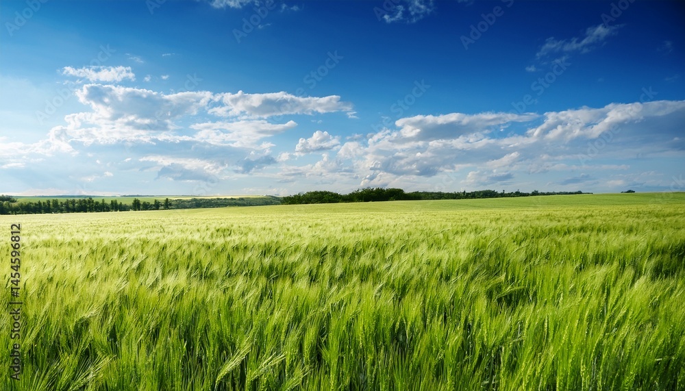 Obraz premium green wheat field under a blue sky rural landscape