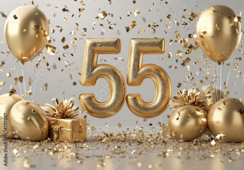 Golden Celebration Theme for 55th Birthday with Balloons and Confetti