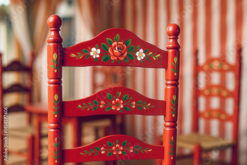 Detail of traditional red chairs inside a Caseta 