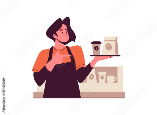 Illustration of an Coffeeshop Barista promote product Cartoon Character