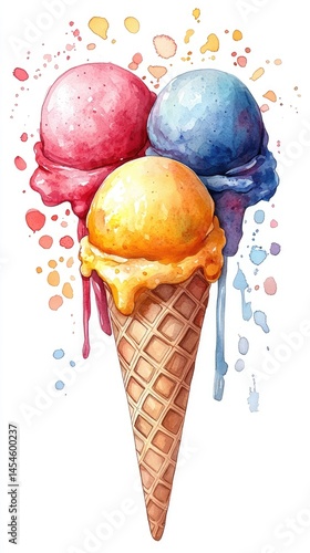 Colorful ice cream scoops on a waffle cone. Melted drips and watercolor splashes add vibrancy