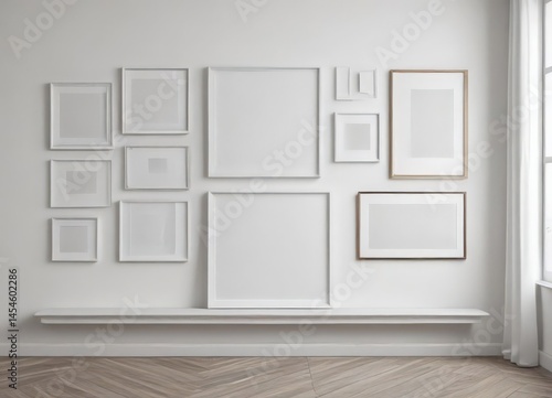 Modern gallery wall mockup  White wall, diverse frames ,  styles,  minimalist