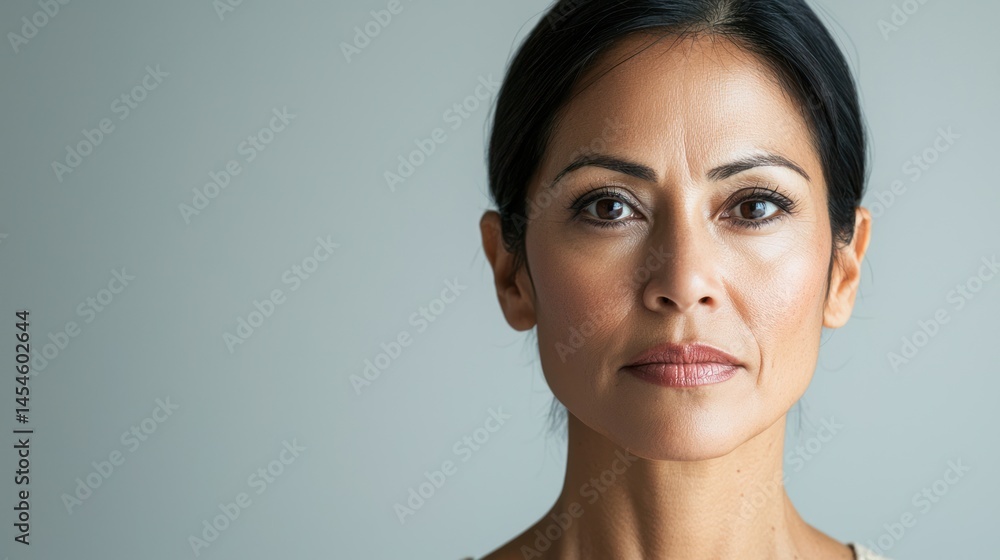 Serious expression, close-up of Hispanic woman, symmetrical lighting, elegant outfit, plain background Serious expression, close-up of Hispanic woman, symmetrical lighting, elegant outfit, plain background