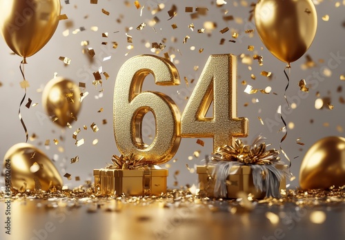 Golden 64th Birthday Celebration with Balloons and Confetti