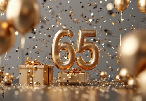 Golden 65th Birthday Celebration with Balloons and Confetti