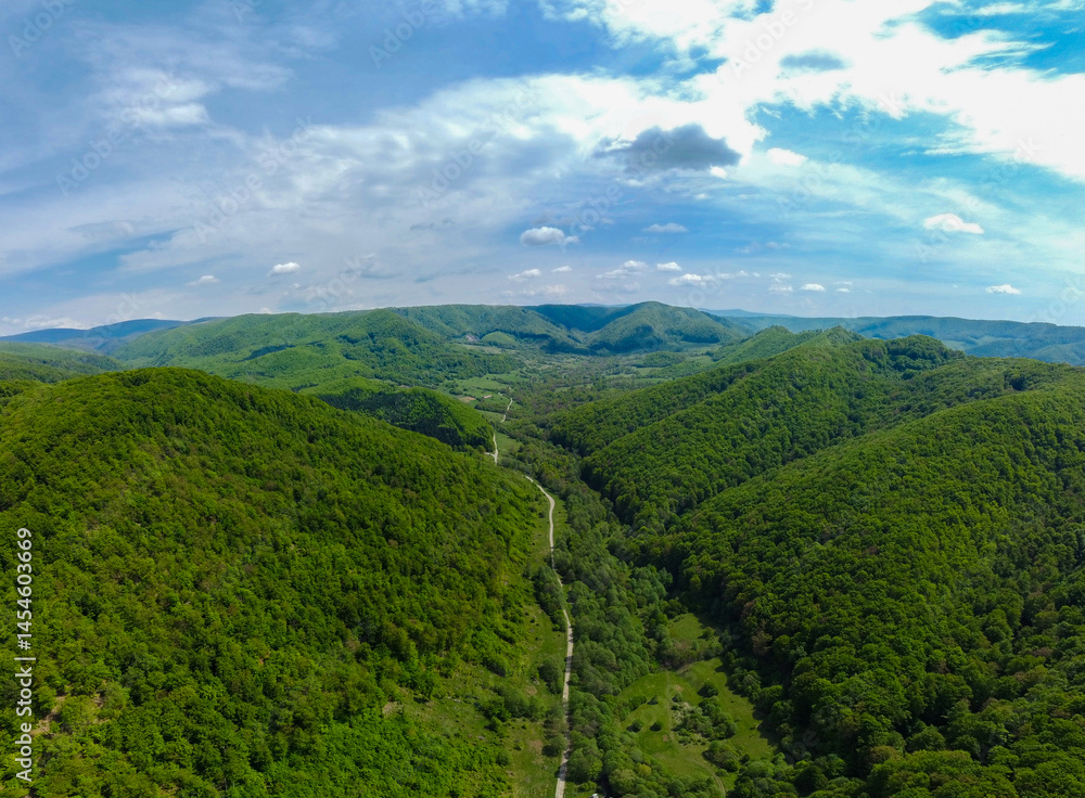 Aerial landscape with hills and green deciduous forests
